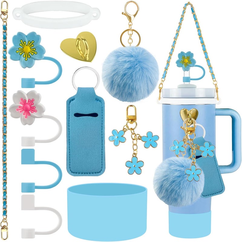 Velaco 11 PCS Accessories for Stanley Cup, Water Bottle Handle Strap for Stanley 30/40 oz tumbler with handle, including Straw Toppers, Silicone Cup Boot, Keychain Charms - Blue - Image 1
